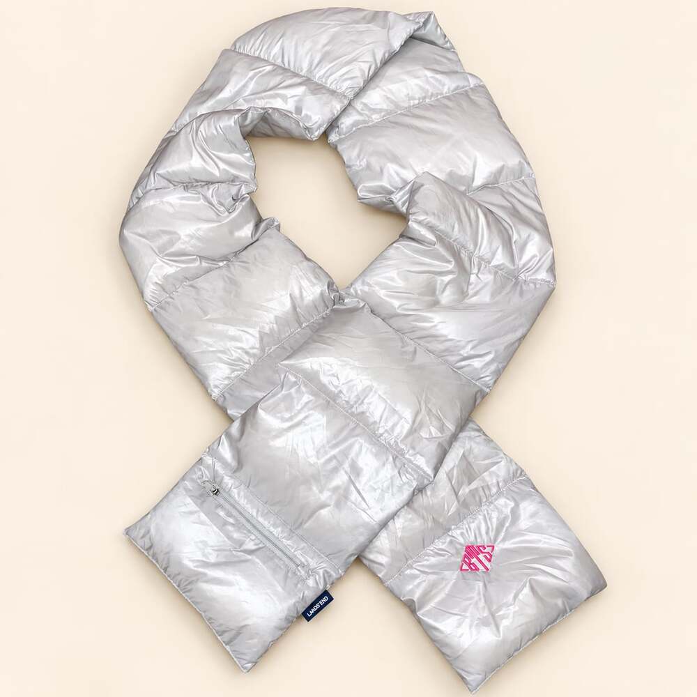 Rare BTS x Lands’ End Silver Puffer Scarf K-Pop Y2K Zip Pocket